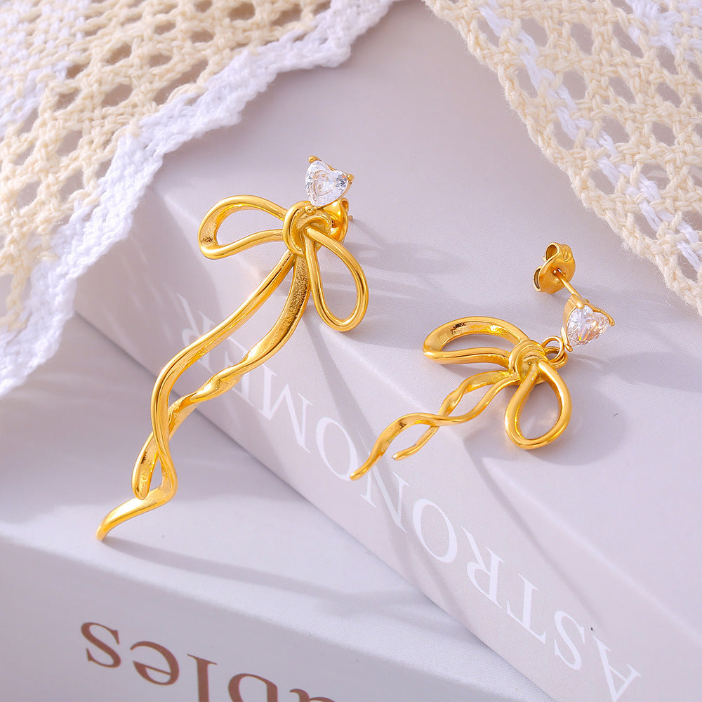 Zircon ribbon bow fringed earrings niche sweet design asymmetric titanium steel earrings women