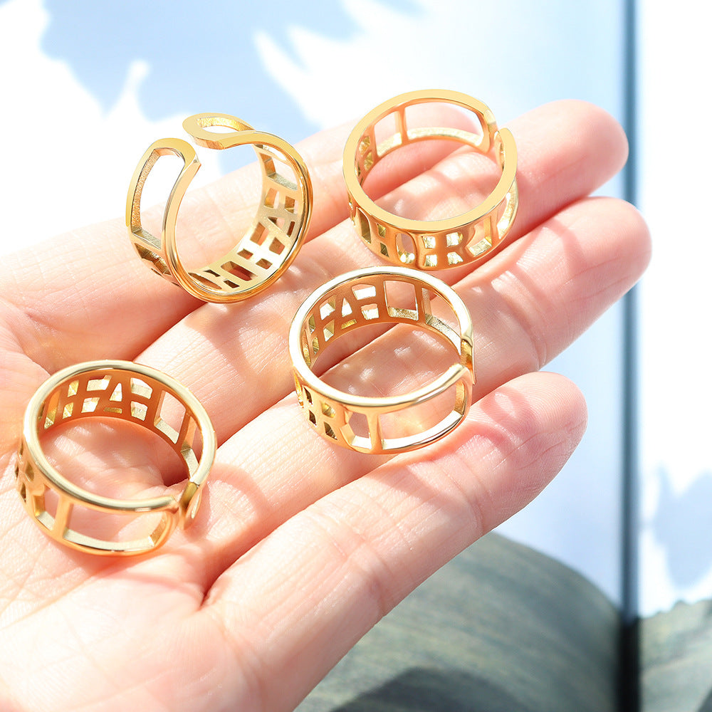 Open non-adjustable letter hollow ring, men's and women's titanium steel plated 18K real gold tail ring hand jewelry A269pp
