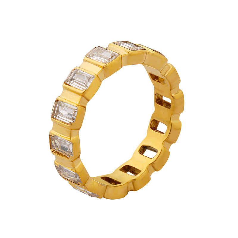 A419-Full diamond zircon ring titanium steel gold-plated index finger ring niche does not fade