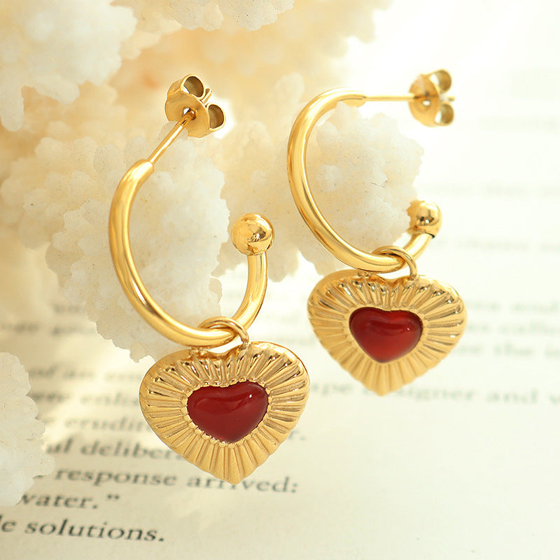Celebrity temperament personality does not fade peach heart love inlaid agate pendant necklace earrings jewelry set