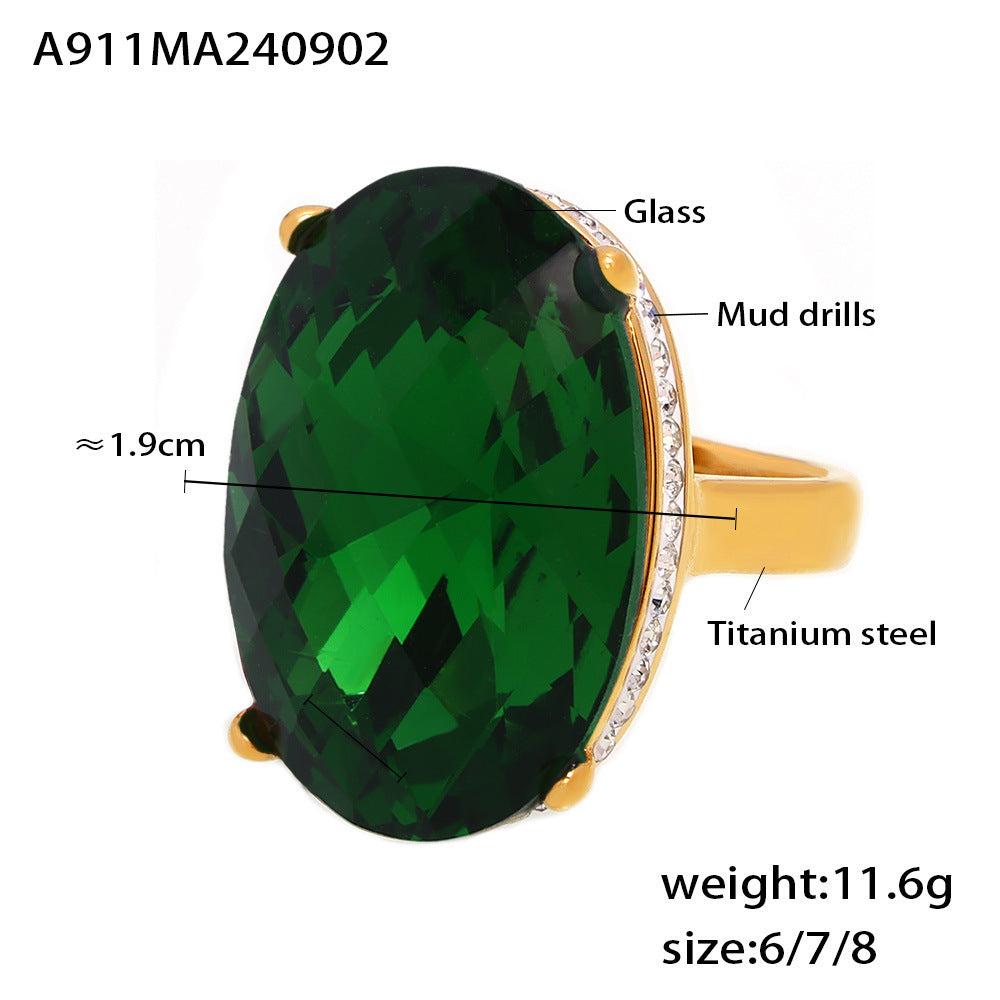Oval sticky diamond large glass ring titanium steel plated 18K real gold ring retro light luxury hand jewelry 99