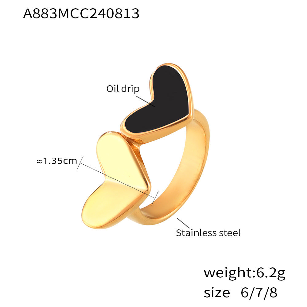 Marka heart-to-heart print color glaze index finger ring niche stainless steel plated 18K real gold ring spot