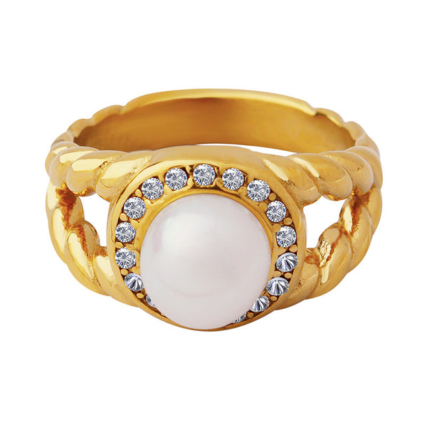 No fading niche light luxury zircon freshwater pearl ring female, titanium steel plated 18K gold ring manufacturer wholesale pp