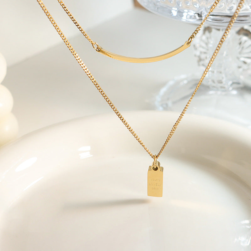 Titanium steel gold-plated lettering square brand pendant double chain collarbone versatile personality design double layer stacked necklace women