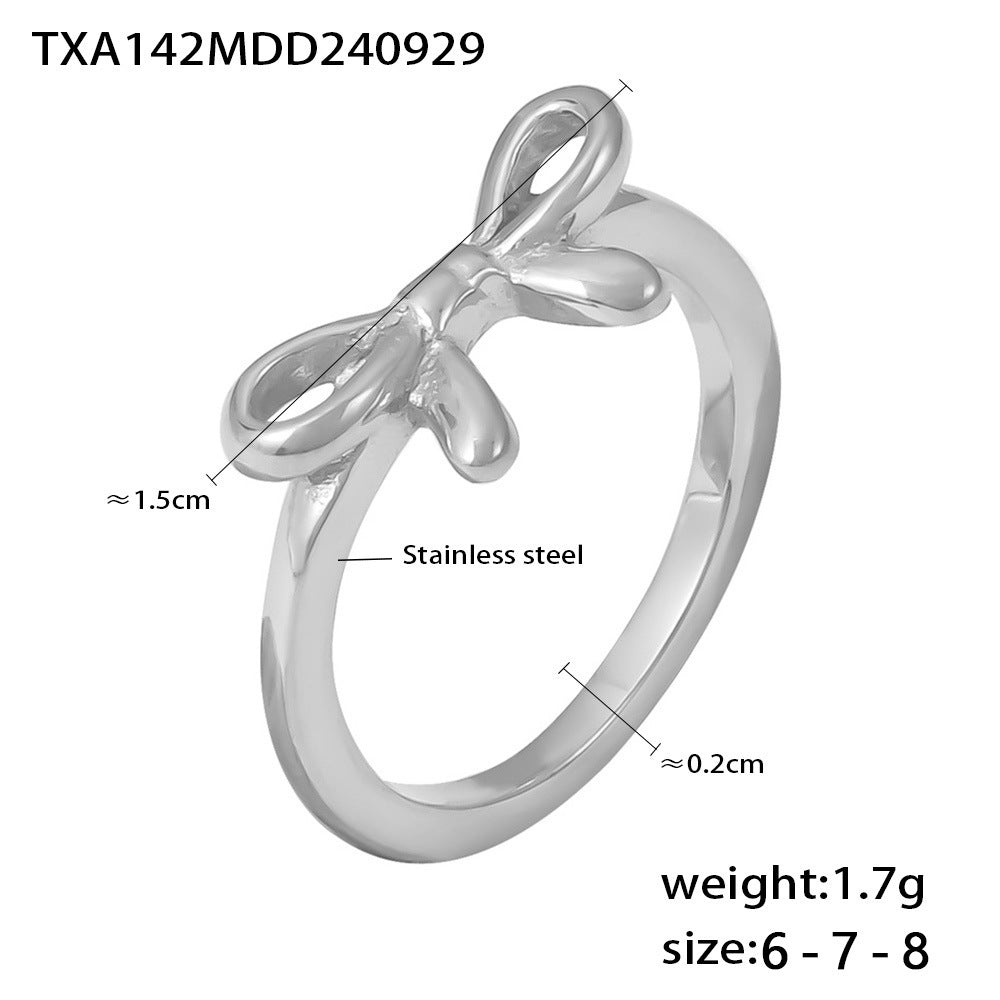 Bow ring, smooth buckle plain ring bracelet, stainless steel PVD-plated 18K gold niche jewelry set