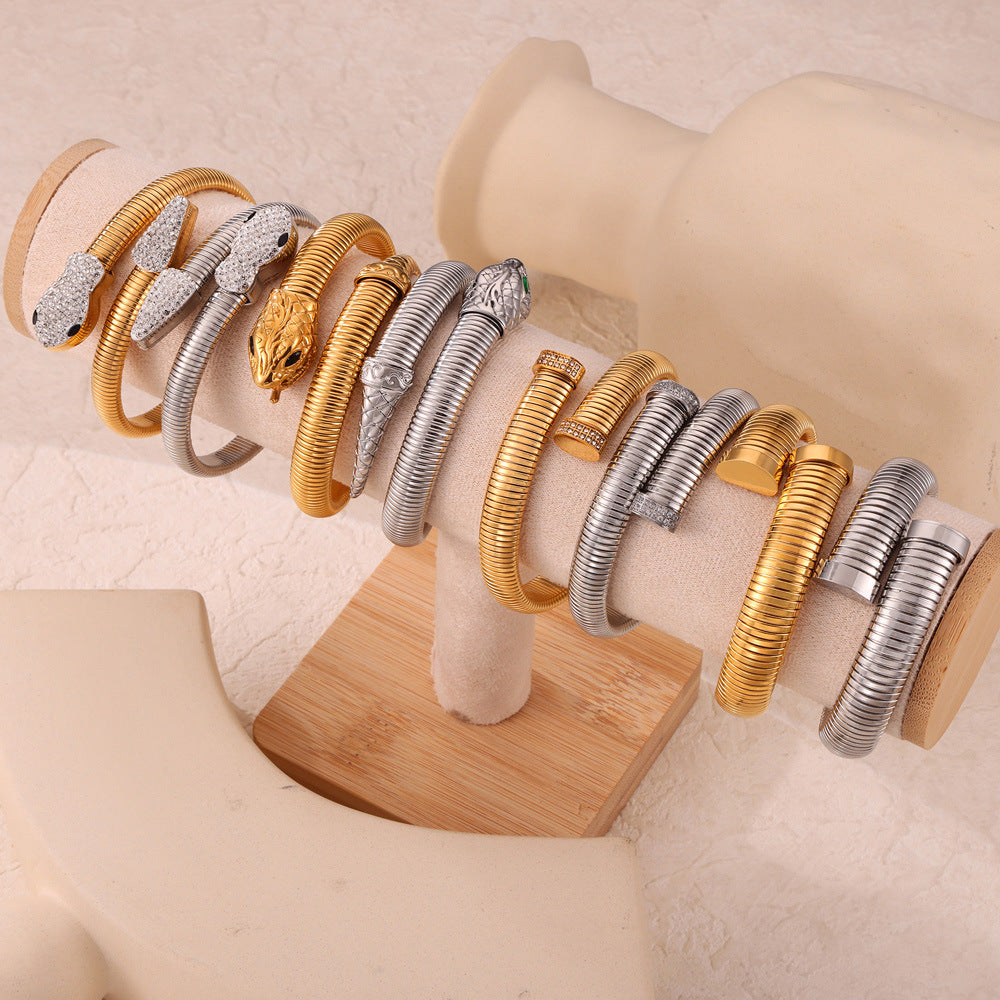 Hot-selling niche personalized opening bracelet inlaid with zircon design sense goose throat shape titanium steel jewelry set pp
