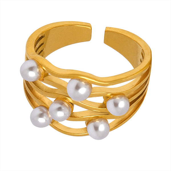 Classical retro corrugated wave imitation pearl ring, simple temperament niche design titanium steel gold-plated jewelry women