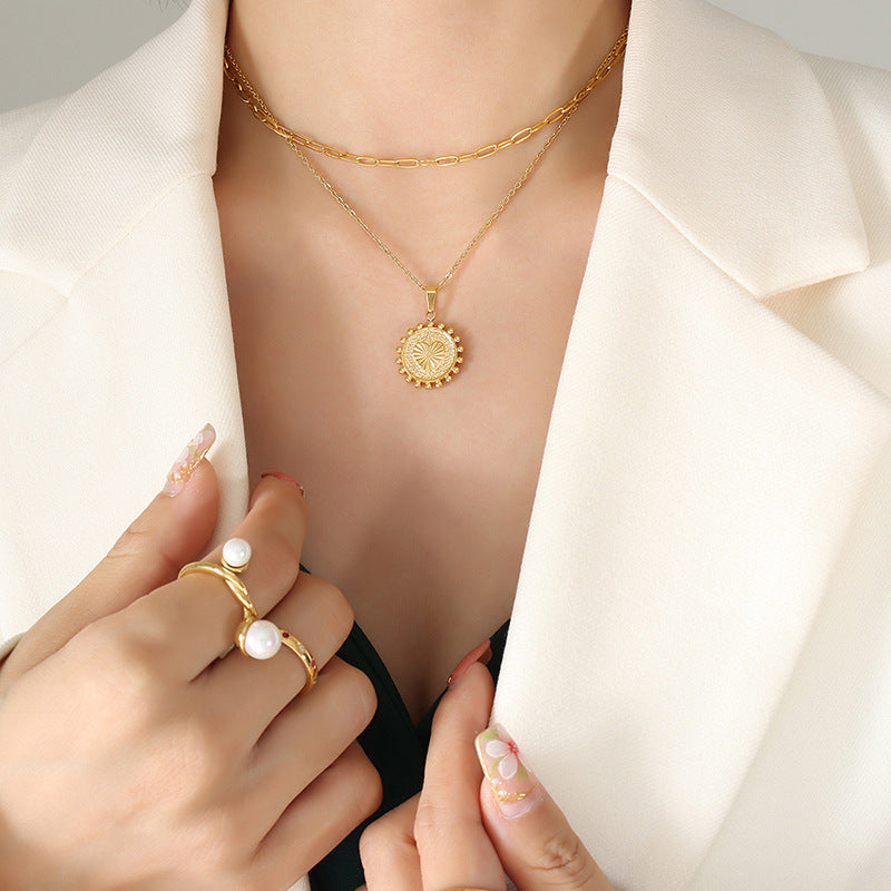 Trendy double-sided double-layer personalized explicit pendant, collarbone chain, relief peach heart sun lace necklace, jewelry, women's 99.