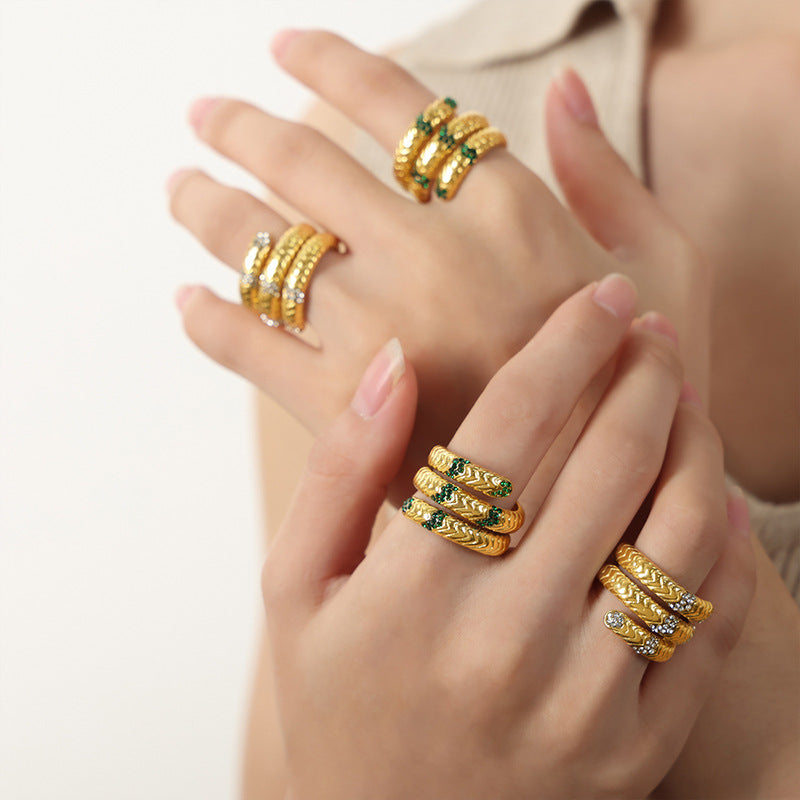 New fashion light luxury retro titanium steel gold-plated with colored diamonds multi-layer texture personalized opening ring jewelry women