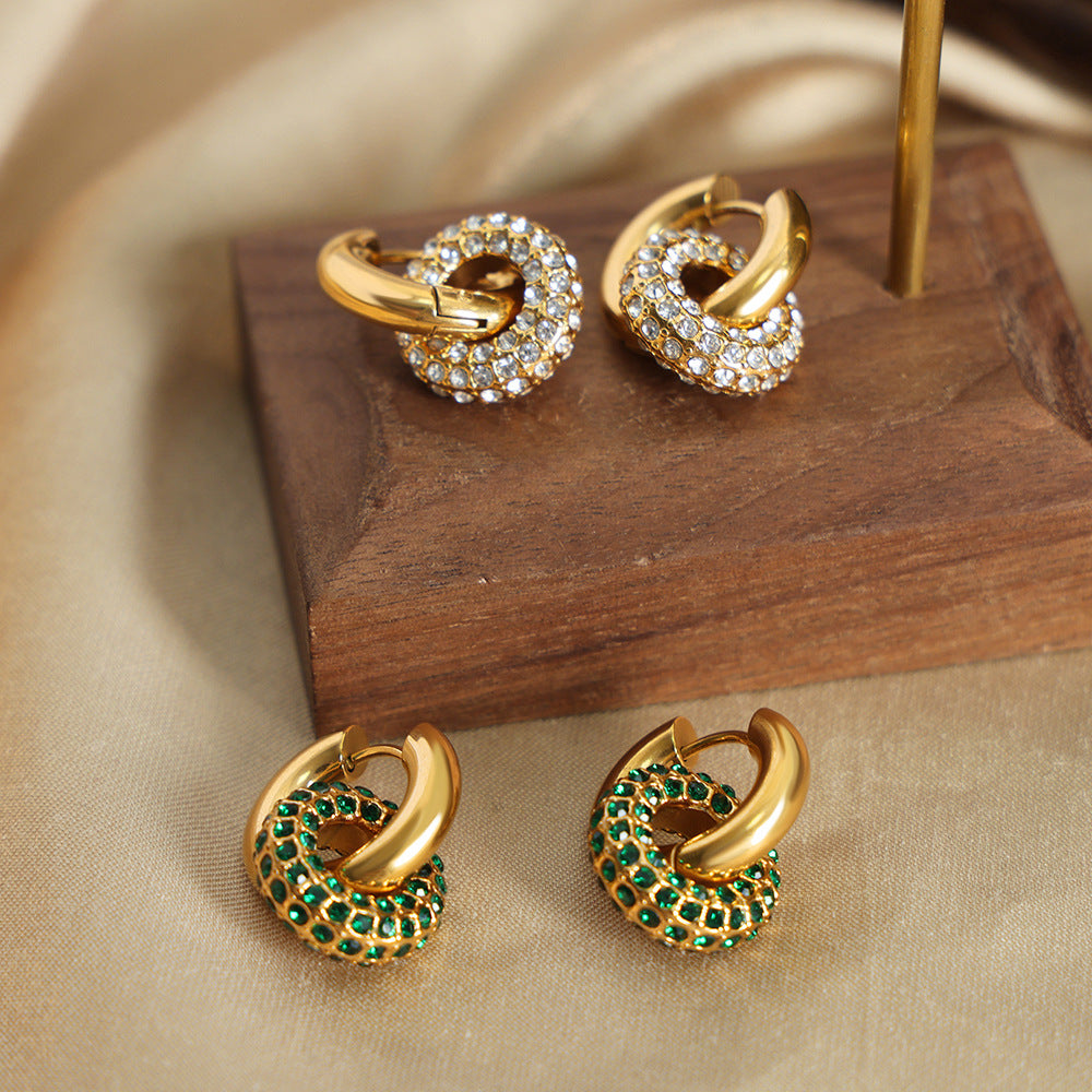 New high-end light luxury personalized fashion retro titanium steel gold-plated diamond round versatile earrings jewelry women 99