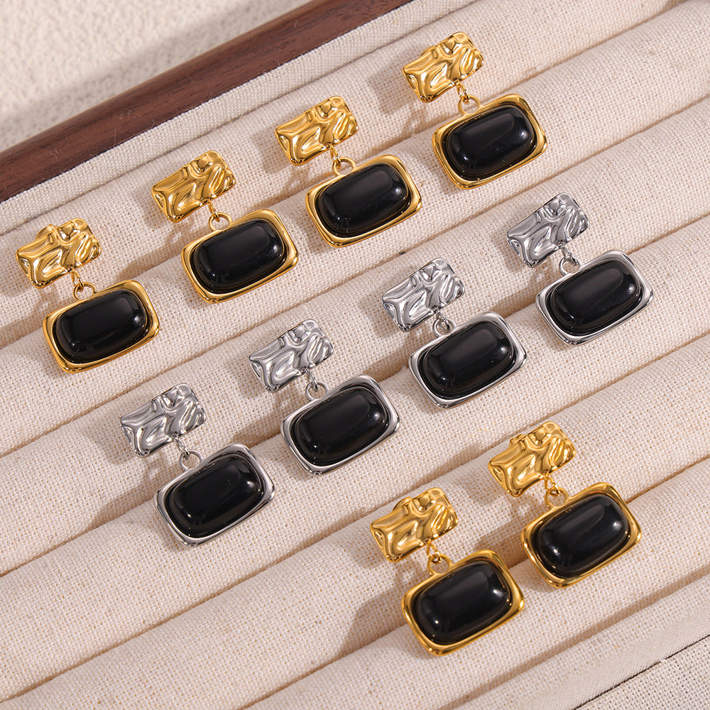 Wind retro niche pleated texture square brand earrings inlaid with black glass design titanium steel gold-plated earrings