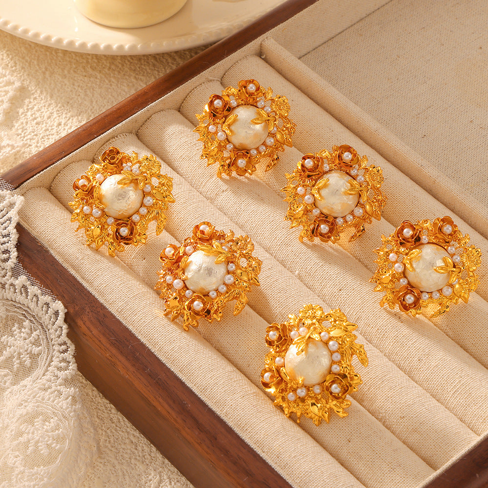 Court style medieval light luxury handmade inlaid bead copper material flowering vintage earrings earrings