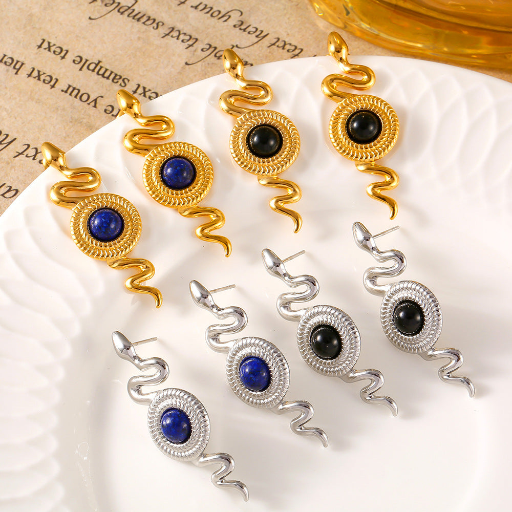 British style personality niche snake shape earrings texture round brand inlaid with natural stone agate design titanium steel stud earrings