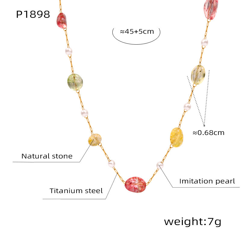 Fashion Personality Niche Titanium Steel Gold-plated Natural Stone Pendant Handmade Beaded Necklace Simple Jewelry Female 99