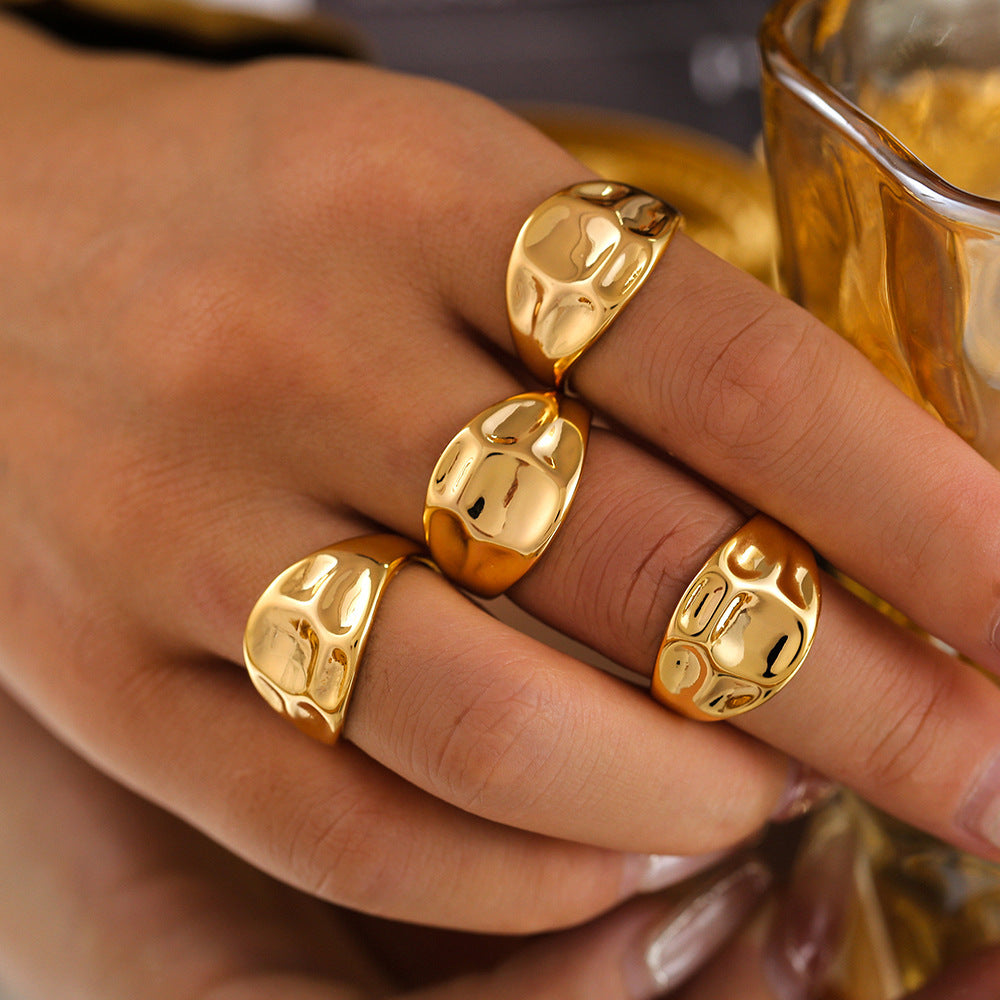 Fashion curved open ring cold wind copper water plated 18K gold concave and convex texture ring