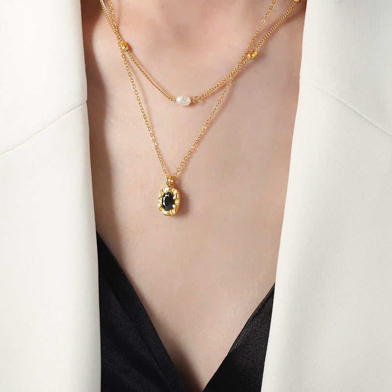 New light luxury simple niche design versatile titanium steel gold-plated freshwater pearl pendant titanium steel gold-plated necklace pp