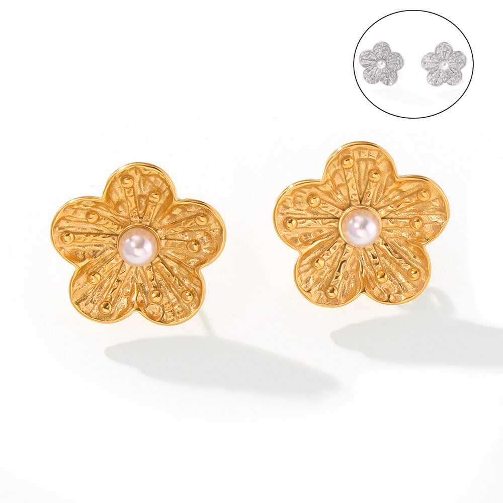 Stylish and simple personality pleated texture flower shape earrings geometric inlay bead design stud earrings