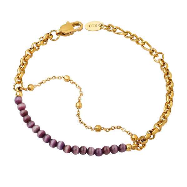 Trend casual style hand jewelry personalized versatile opal light luxury temperament double chain titanium steel plated 18K gold bracelet