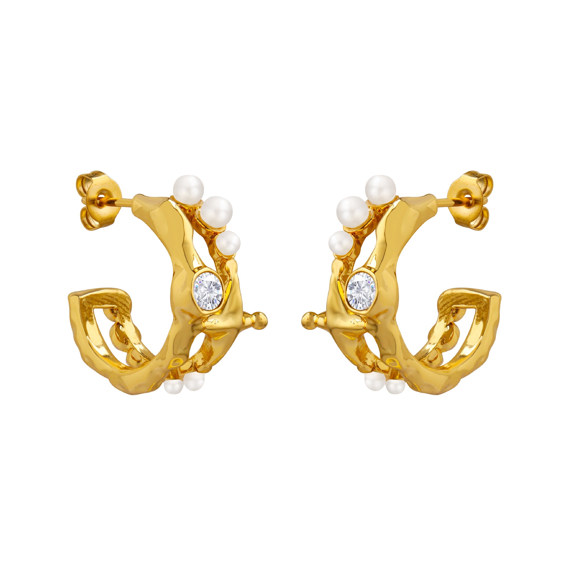 Retro imitation pearl inlaid zircon irregular C-shaped earrings copper material non-fading Hong Kong-style personalized earrings