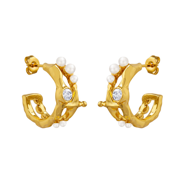 Retro imitation pearl inlaid zircon irregular C-shaped earrings copper material non-fading Hong Kong-style personalized earrings