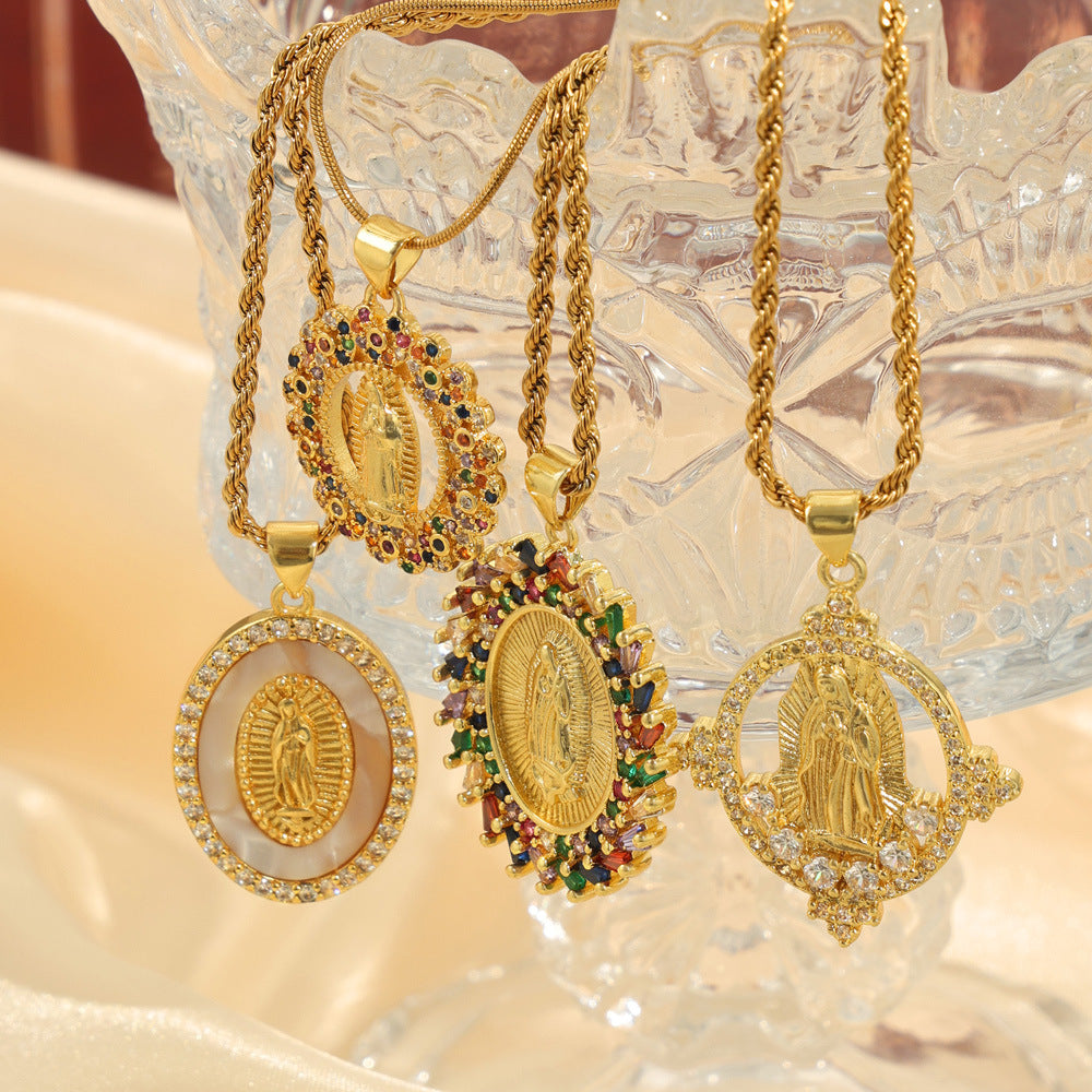 New fashion retro light luxury titanium steel gold-plated Virgin Mary geometric diamond-encrusted pendant necklace jewelry