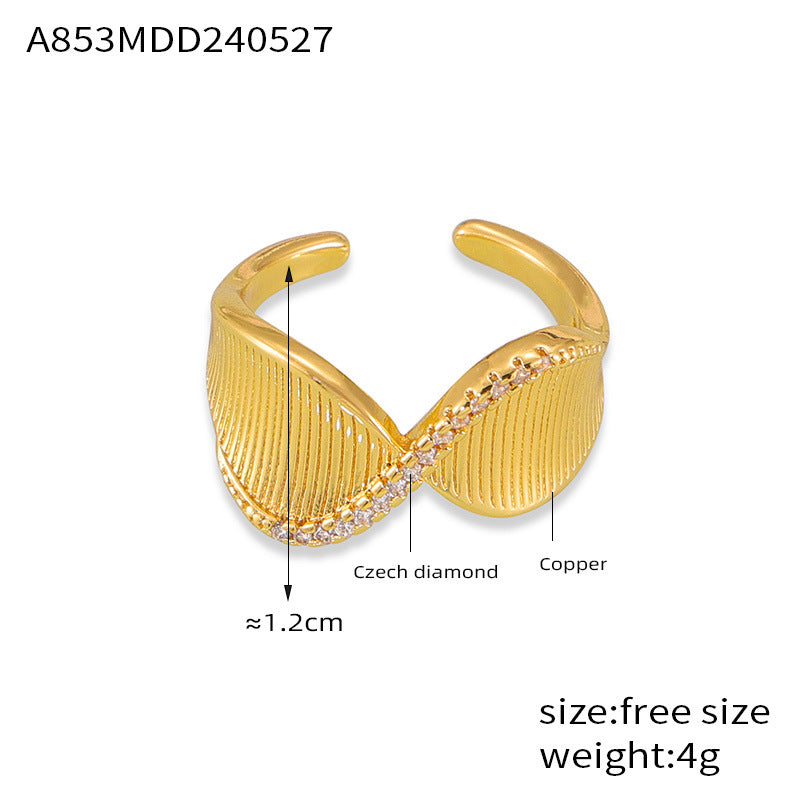 Fashion commuting, simple and cold wind, personalized jewelry, twisted shape, striped design, inlaid with colored diamonds, copper ring