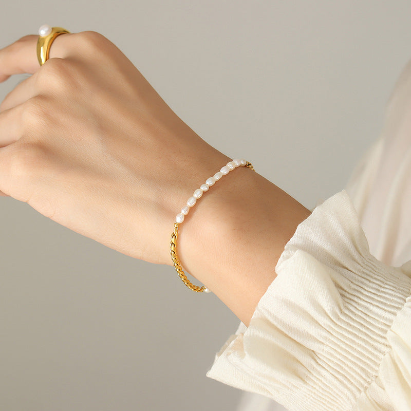 Non-fading bracelet jewelry fashion commuter freshwater pearl OT buckle titanium steel plated 18K gold niche design women