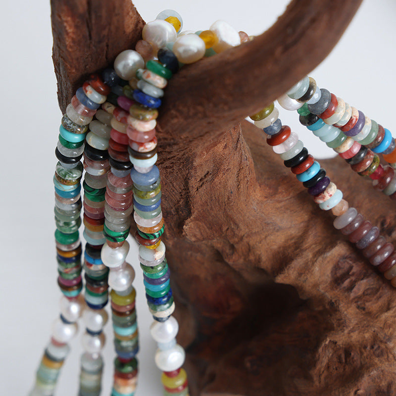New ethnic style retro baroque freshwater pearl colored natural stone handmade beaded necklace jewelry female pp