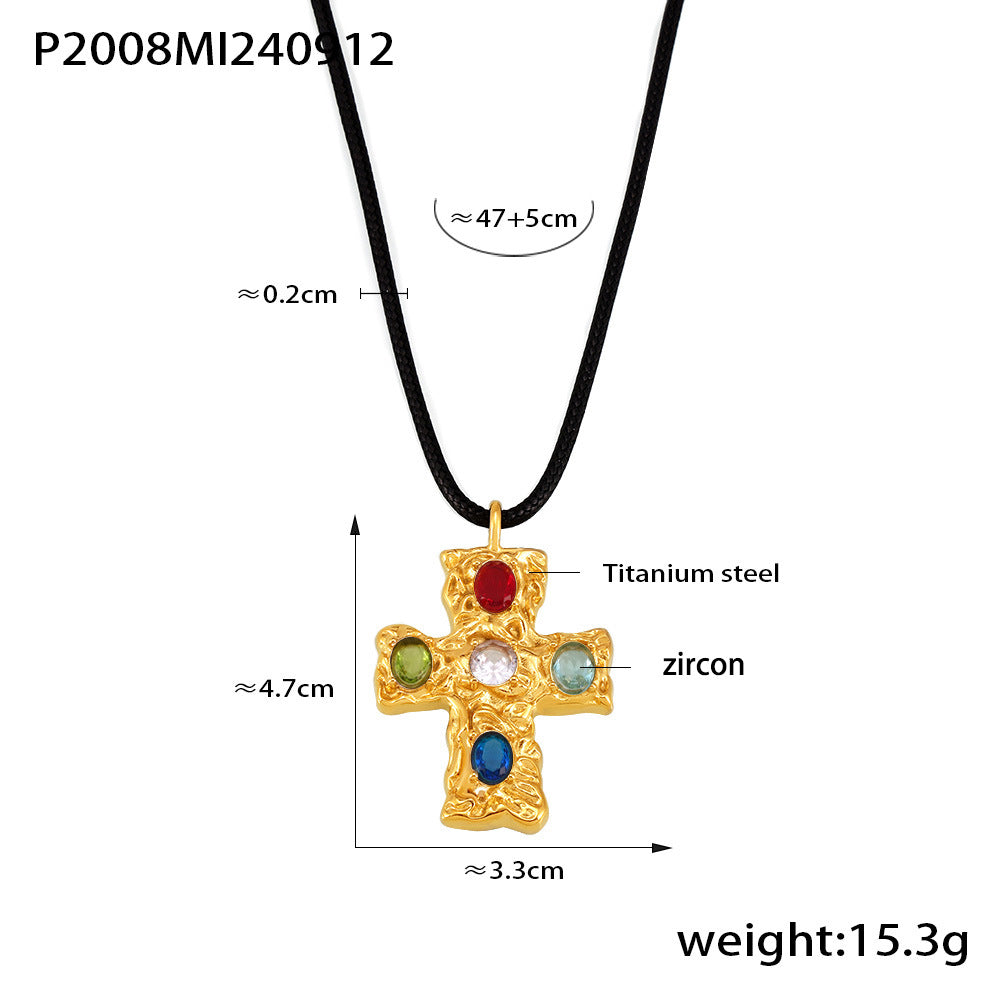 Beat Glass Cross Black Rope Necklace Titanium Steel 18K Gold Plated PVD Necklace