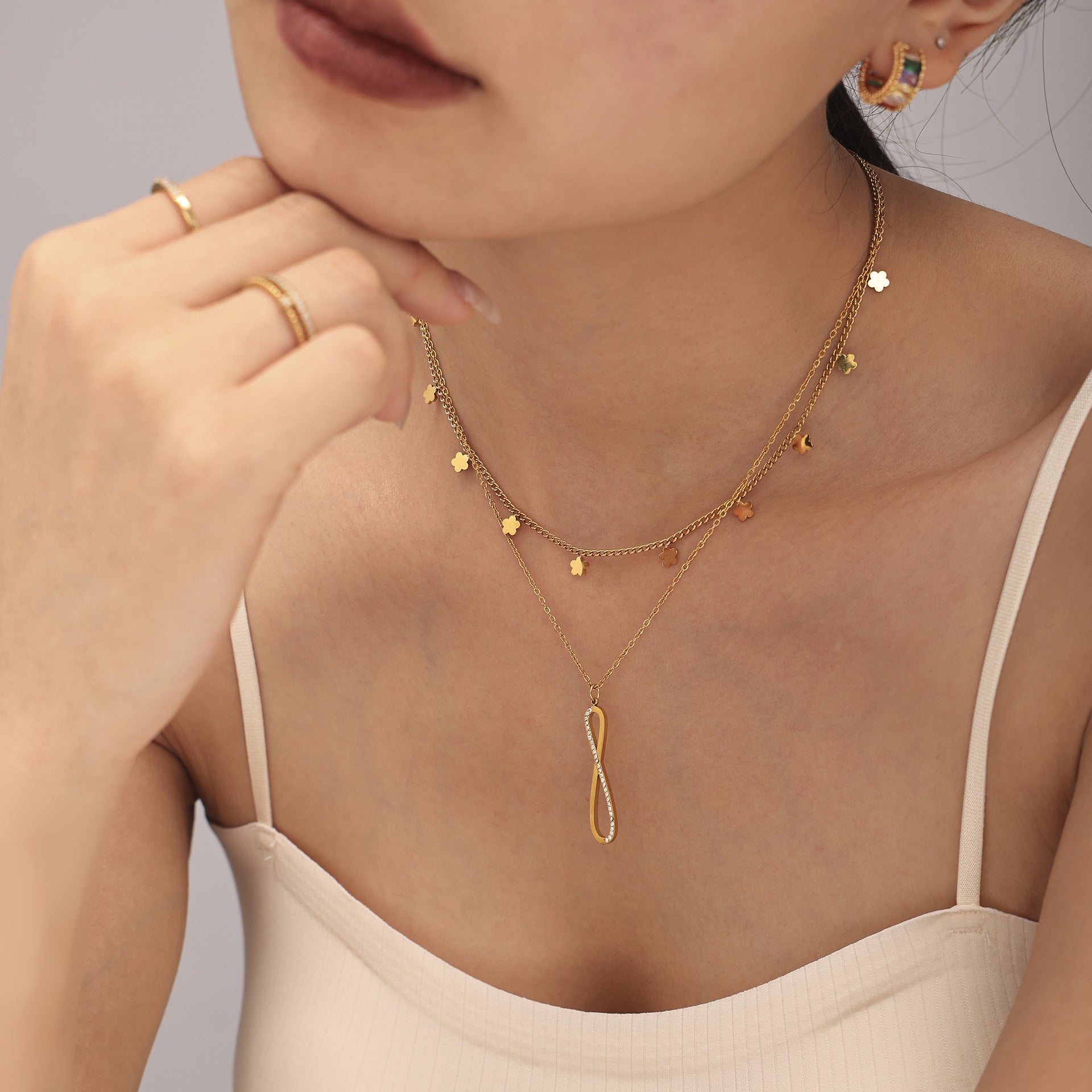 8-character CNC inlaid zircon strip double-layer necklace niche bracelet stainless steel jewelry set 99