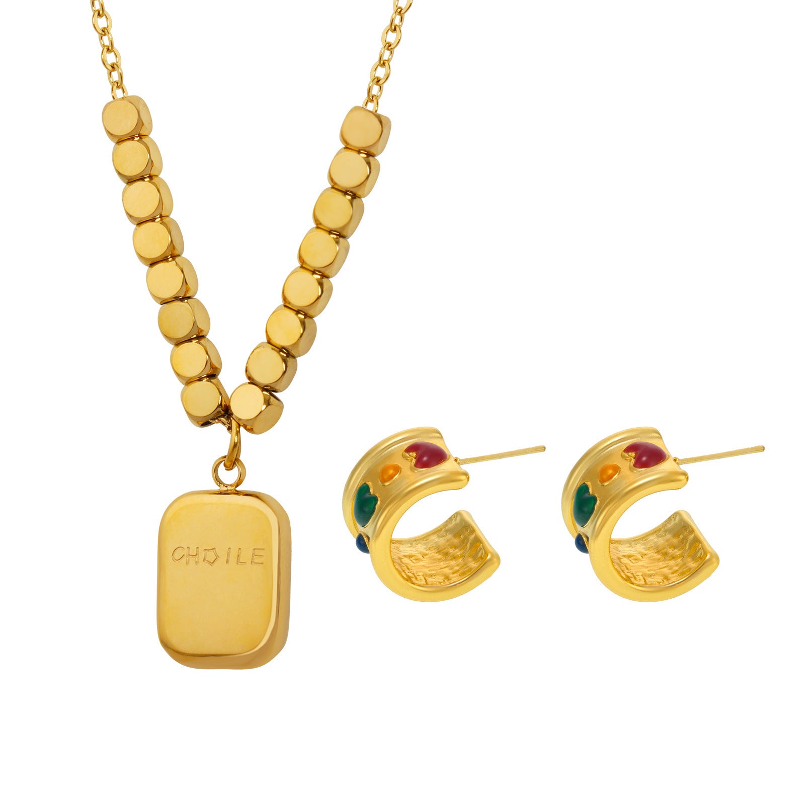 C-shaped love wide-sided earrings, new square brand lettering pendant necklace, titanium steel combination set wholesale
