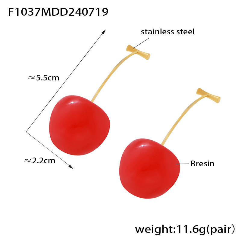 Small fresh cherry long earrings female personality Internet celebrity stainless steel resin cherries creative temperament stud earrings