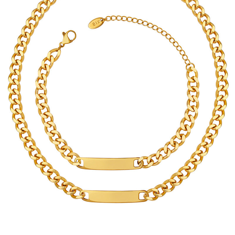 Hip-hop heavy industry exaggerated geometric long bracelet necklace titanium steel plated 18k real gold jewelry set pp