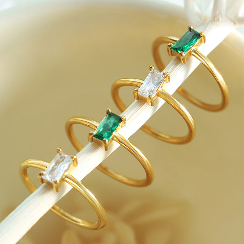 Simple and compact plain ring finger ring inlaid square white-green zircon ring niche design non-fading jewelry