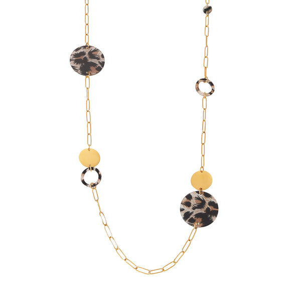 Stainless steel acrylic leopard print disc sweater necklace, European and American new fashionable neck chain accessories, one piece is sent on behalf of others.