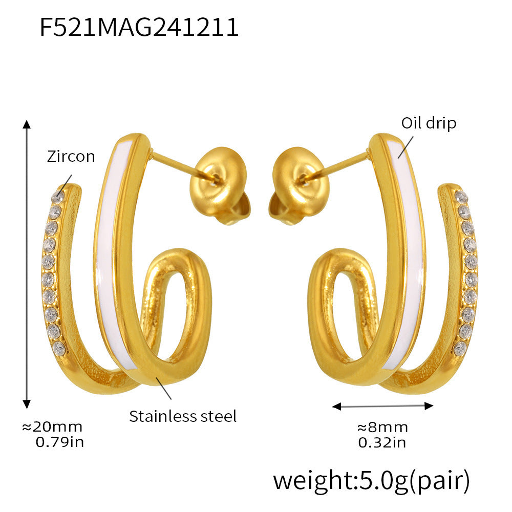 Stainless steel micro-inlaid zircon enamel color glaze stud earrings light luxury temperament earrings personality versatile niche earrings women 99