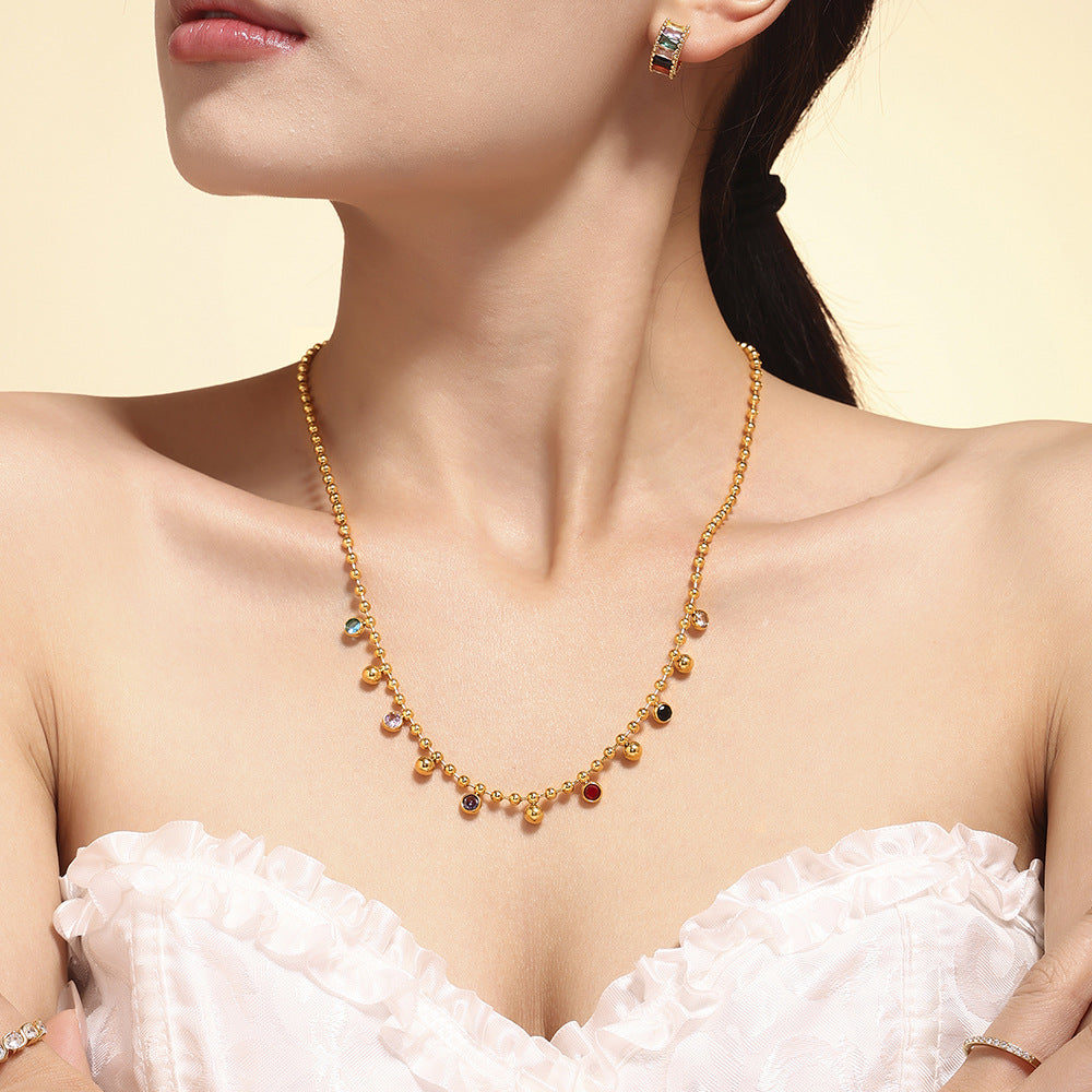 Colored glass round bead collarbone chain bracelet niche exquisite titanium steel plated 18k real gold set 99