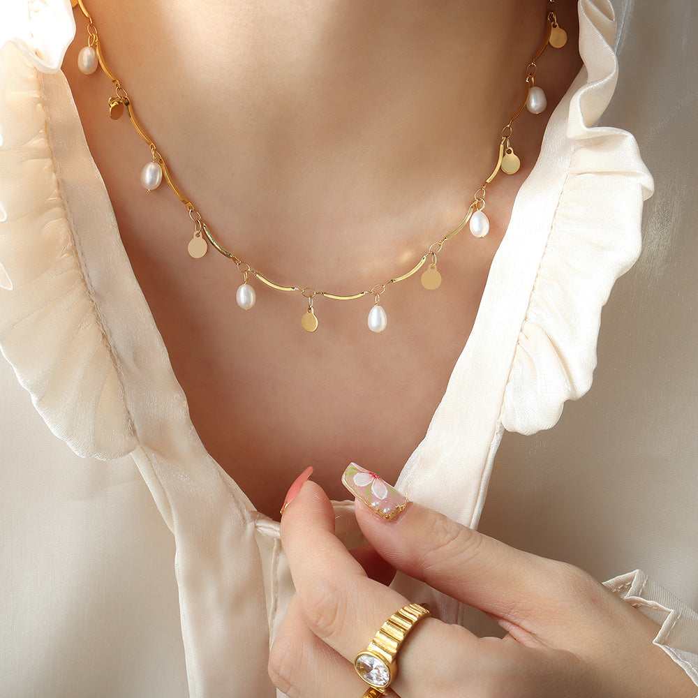 Baroque Natural Freshwater Pearl Tassel Geometric Necklace Versatile Trend Light Luxury Bracelet Jewelry Set