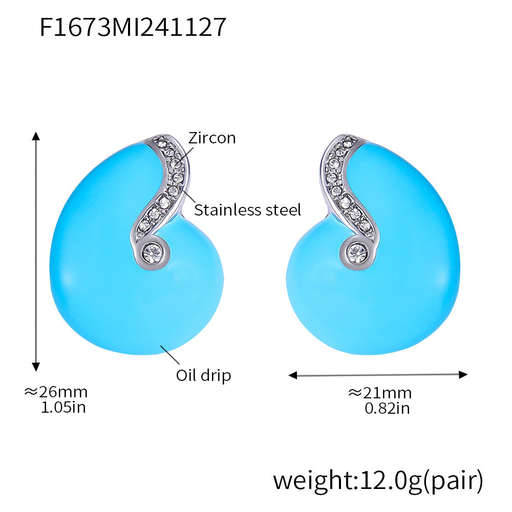 Court stud earrings Conch blue zircon titanium steel PVD gold-plated enamel color glaze simple color-retaining earrings