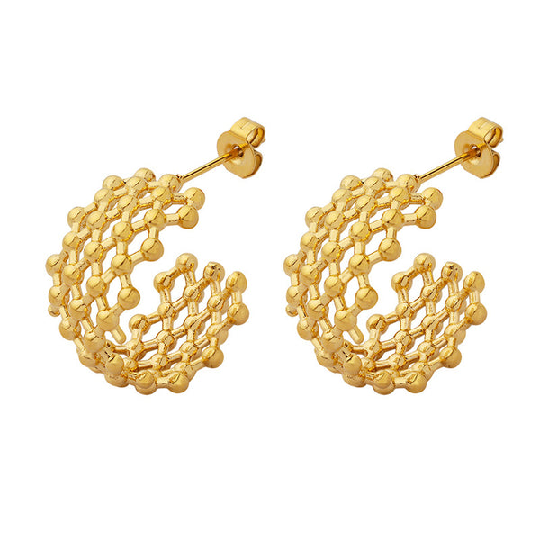 Titanium steel small gold beads splicing mesh C-shaped earrings niche design sense plated 18K gold stud earrings ear jewelry pp