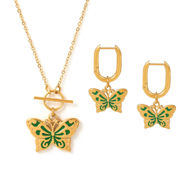 Weights Glazed Butterfly Pendant Earrings Necklace Earrings Stainless Steel Gold Plated Insect Set Spot