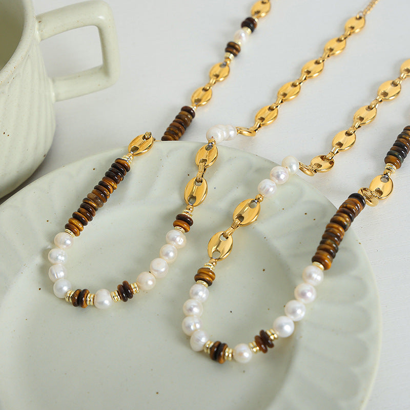 Versatile light luxury titanium steel freshwater pearl tiger's eye stone pig's nose chain necklace bracelet set jewelry women