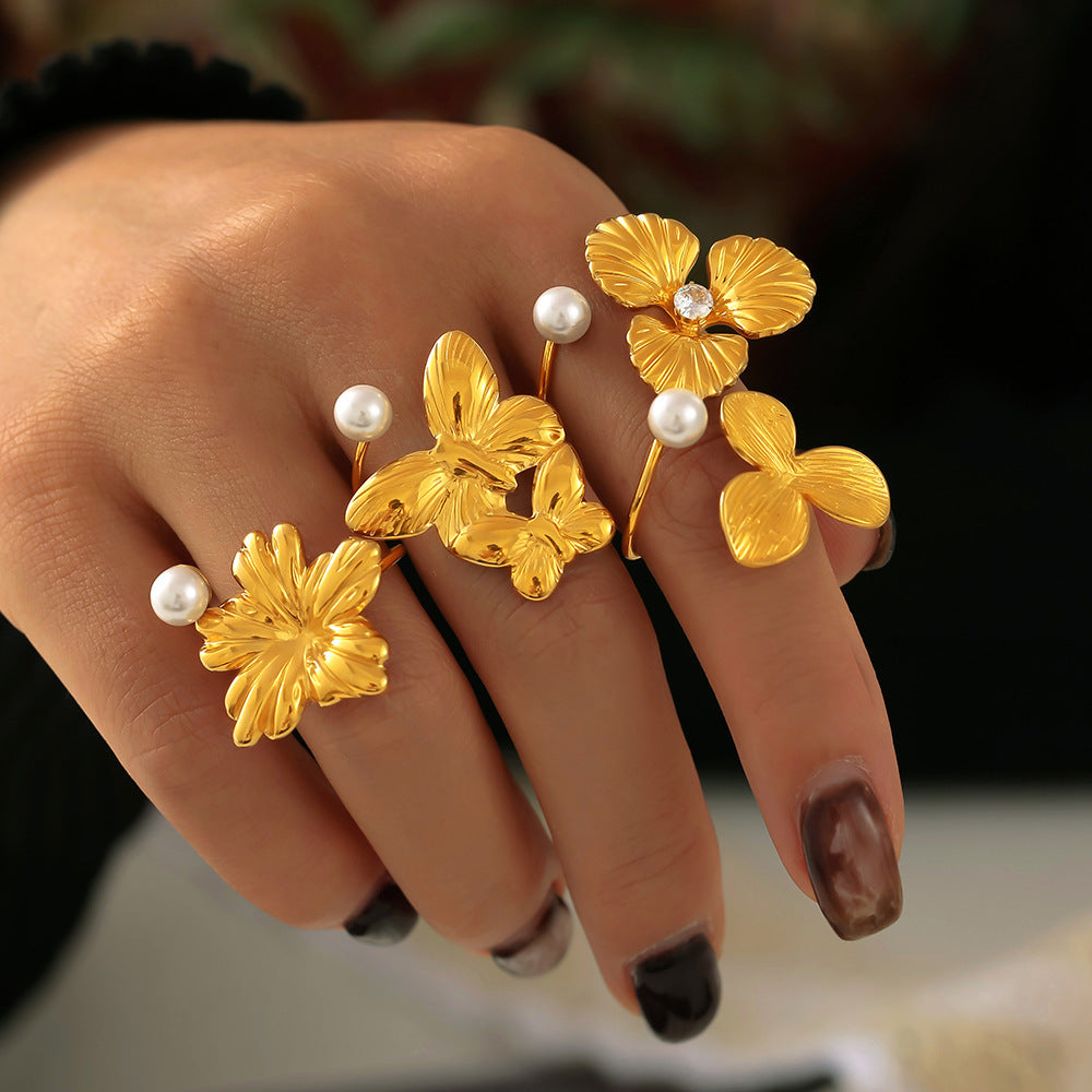 Light Luxury Pearl Flower Ring Titanium Steel 18k Gold Non-Fading Opening Adjustable Ring Fashion Earrings