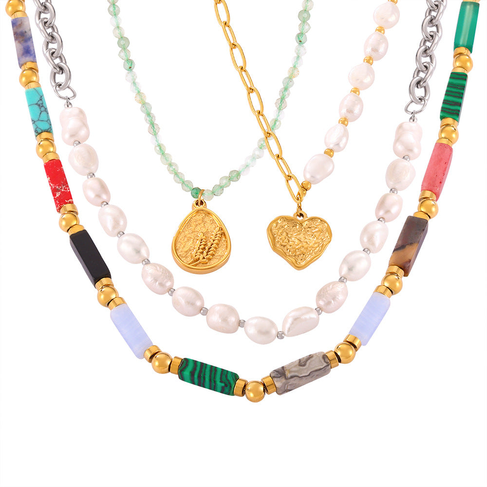 Dopamine Wear Personality Elegant Simple Light Luxury Jewelry Natural Stone Handmade Beaded Design Titanium Steel Necklace