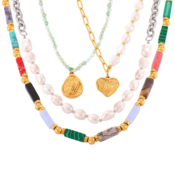 Dopamine Wear Personality Elegant Simple Light Luxury Jewelry Natural Stone Handmade Beaded Design Titanium Steel Necklace
