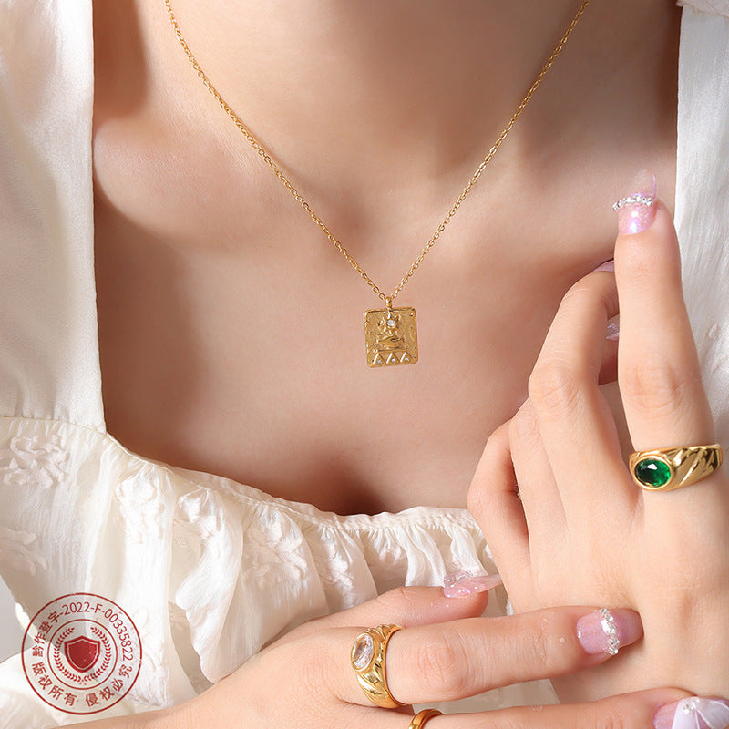 Ancient Egyptian relief hand rest sun square pendant inlaid with zircon necklace titanium steel plated 18K gold collarbone chain