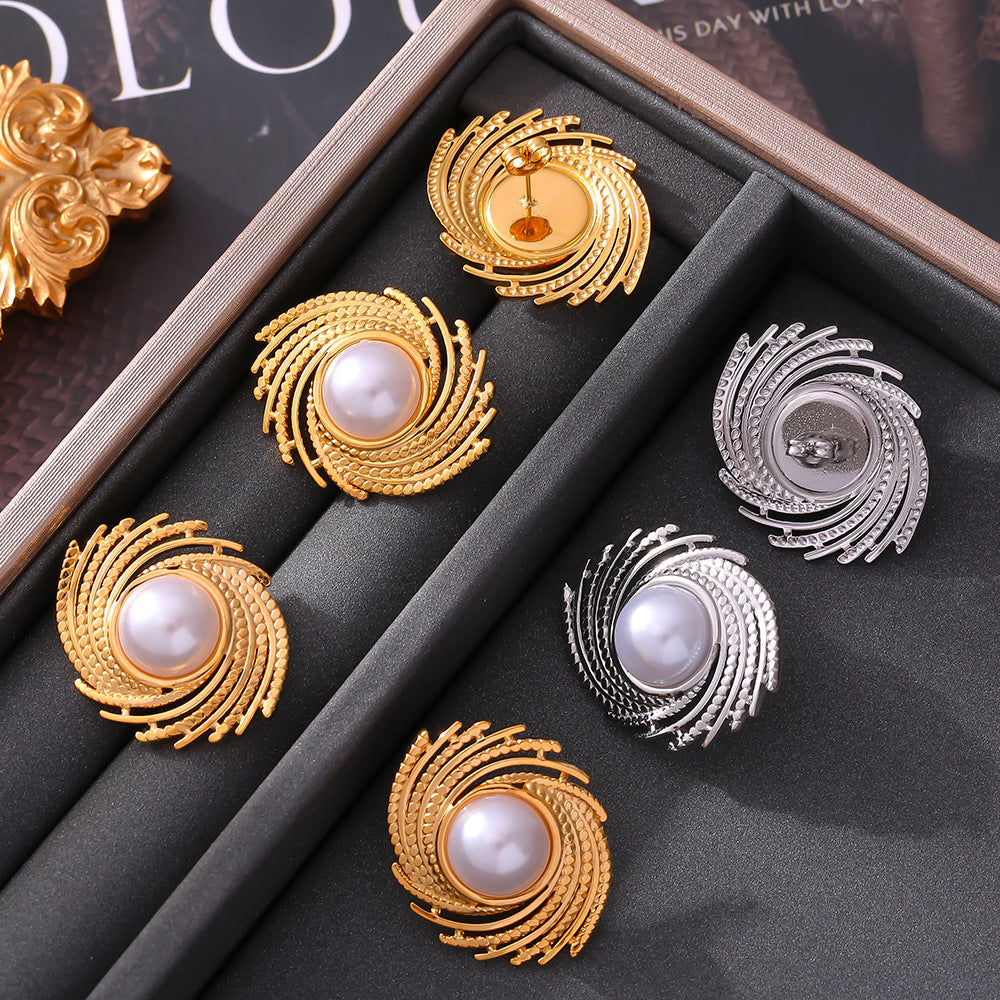 Cross-border new geometric thread inlaid imitation pearl earrings women's titanium steel plated 18k gold braided texture stud earrings pp