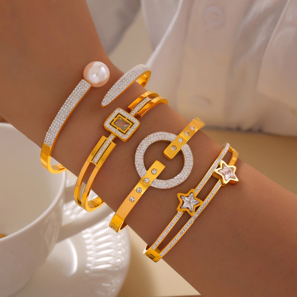 Trend fashion simple personality niche jewelry geometric multi-layer diamond design titanium steel gold-plated hollow bracelet pp