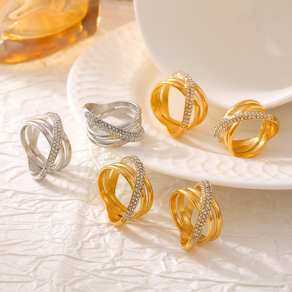 Cross-wound diamond-set ring plated with 18k real gold non-fading retro niche stainless steel ring