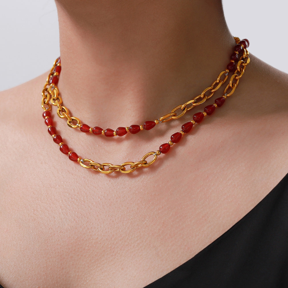 Temperament elegant jewelry agate garnet beaded design titanium steel gold-plated jewelry set 99